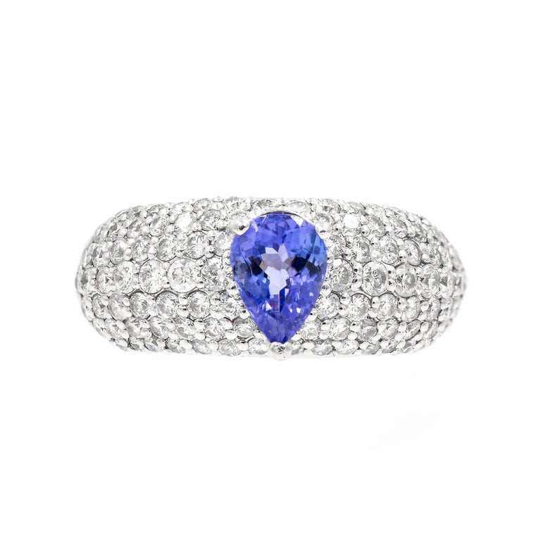 .75 Carat Pear Shaped Blue Tanzanite Bead Set Diamond Platinum Cocktail Ring