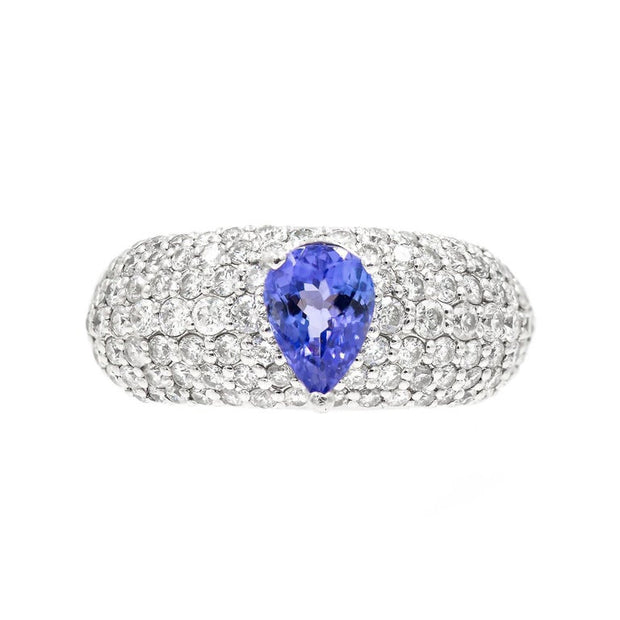 .75 Carat Pear Shaped Blue Tanzanite Bead Set Diamond Platinum Cocktail Ring