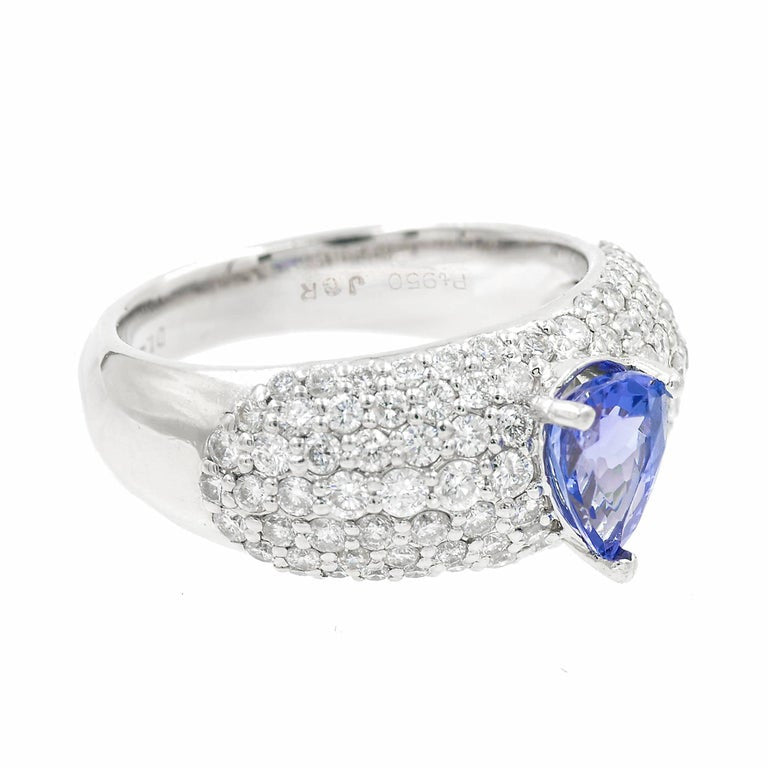 .75 Carat Pear Shaped Blue Tanzanite Bead Set Diamond Platinum Cocktail Ring – image 3