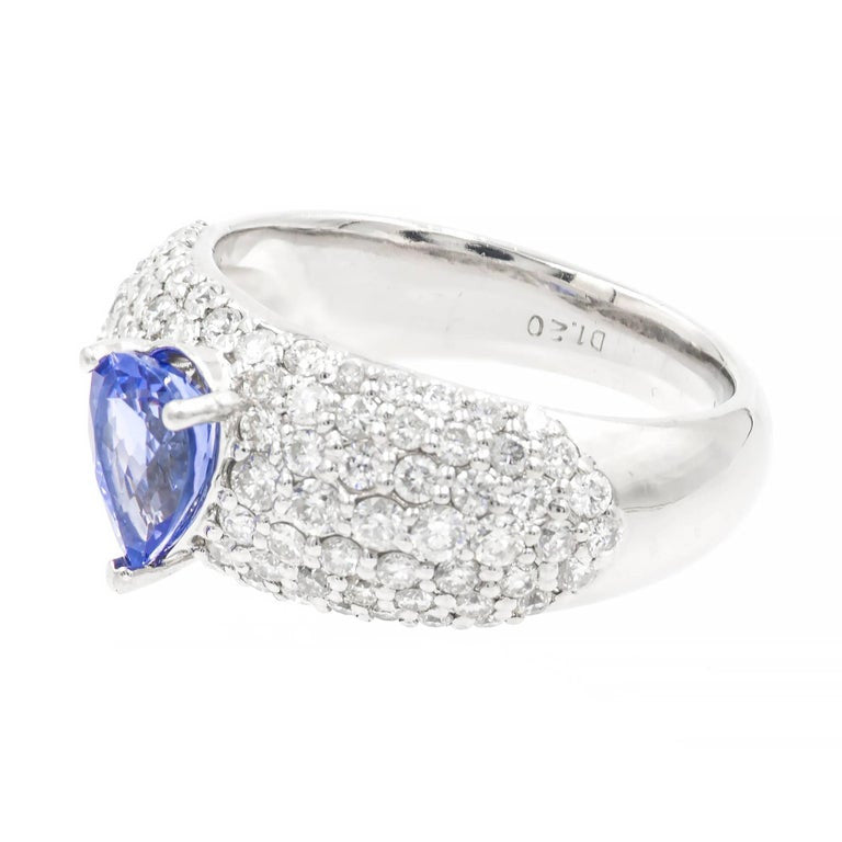 .75 Carat Pear Shaped Blue Tanzanite Bead Set Diamond Platinum Cocktail Ring – image 2