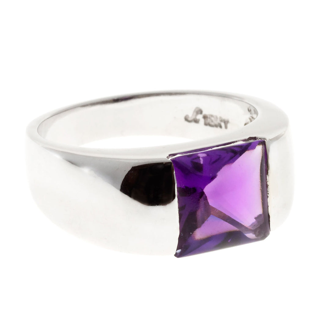 Vintage Designer L 18K Whtie Gold Custom Square Buffed Top Fine Amethyst Ring – image 5