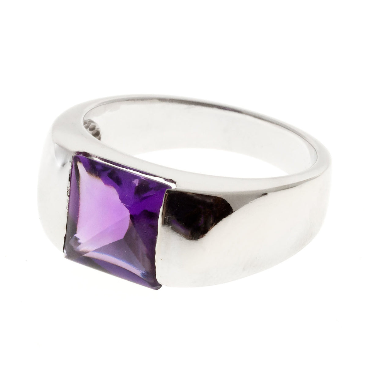Vintage Designer L 18K Whtie Gold Custom Square Buffed Top Fine Amethyst Ring