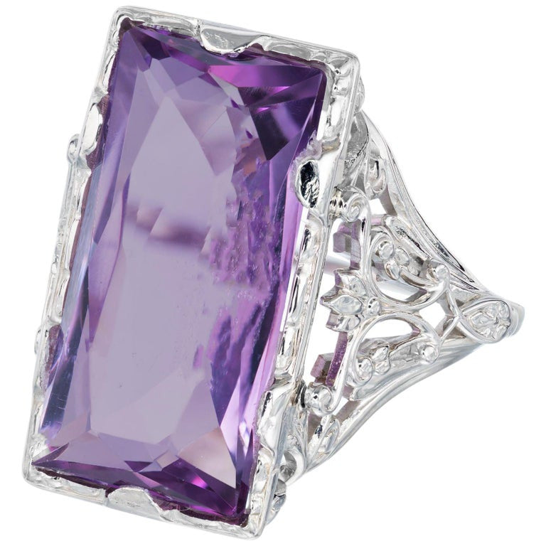 13.00 Carat Amethyst Art Deco Filigree White Gold Cocktail Ring