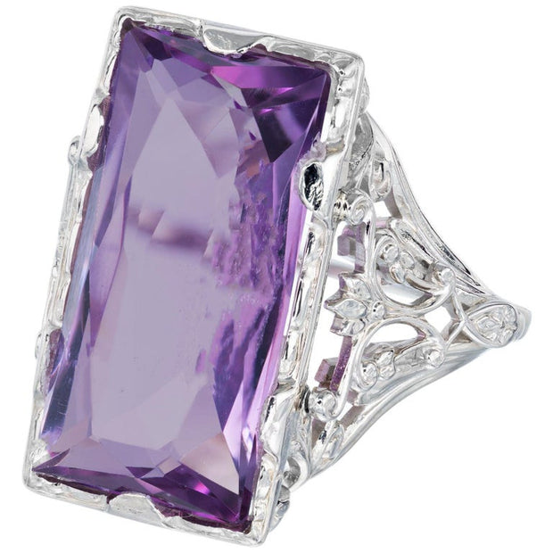 13.00 Carat Amethyst Art Deco Filigree White Gold Cocktail Ring