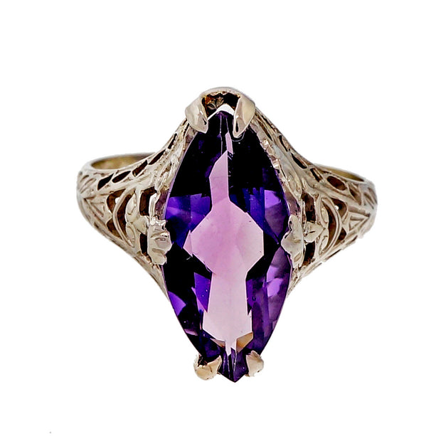 Vintage Art Deco 1940 Filigree Ring Bright Purple Marquise 2.50ct Amethyst