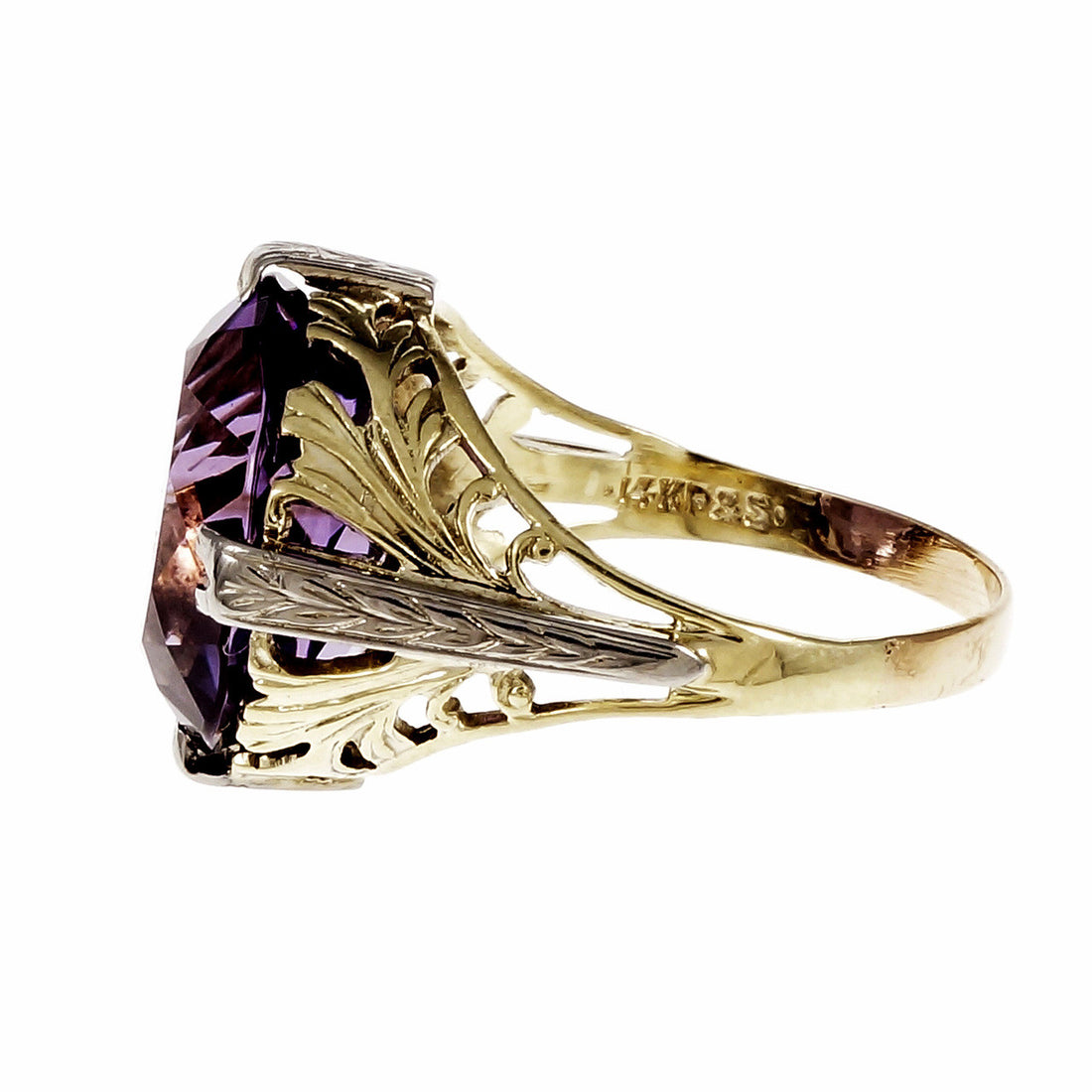 Vintage Open Work Oval Amethyst Ring 1940 14k Yellow & White Gold – image 3