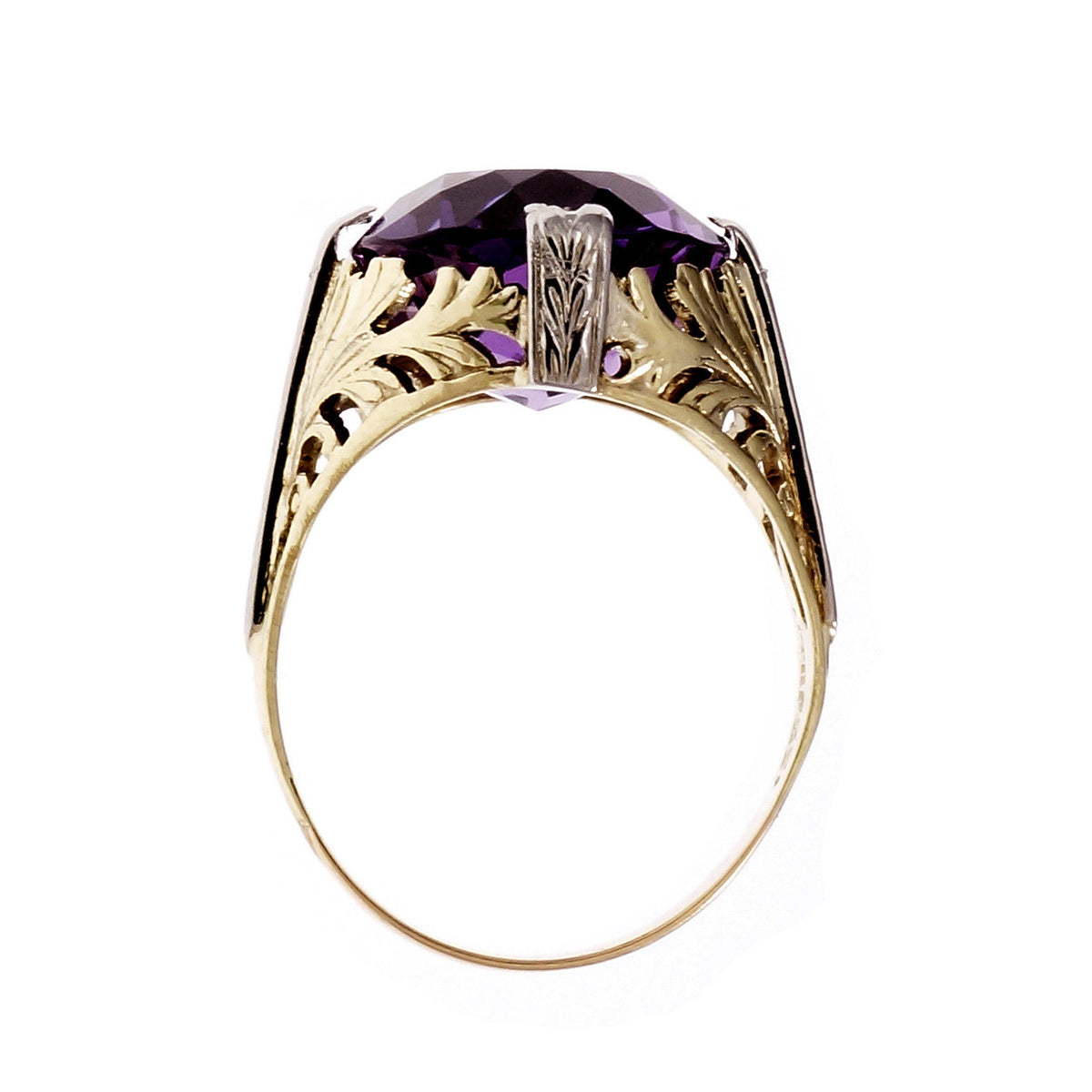 Vintage Open Work Oval Amethyst Ring 1940 14k Yellow & White Gold – image 5