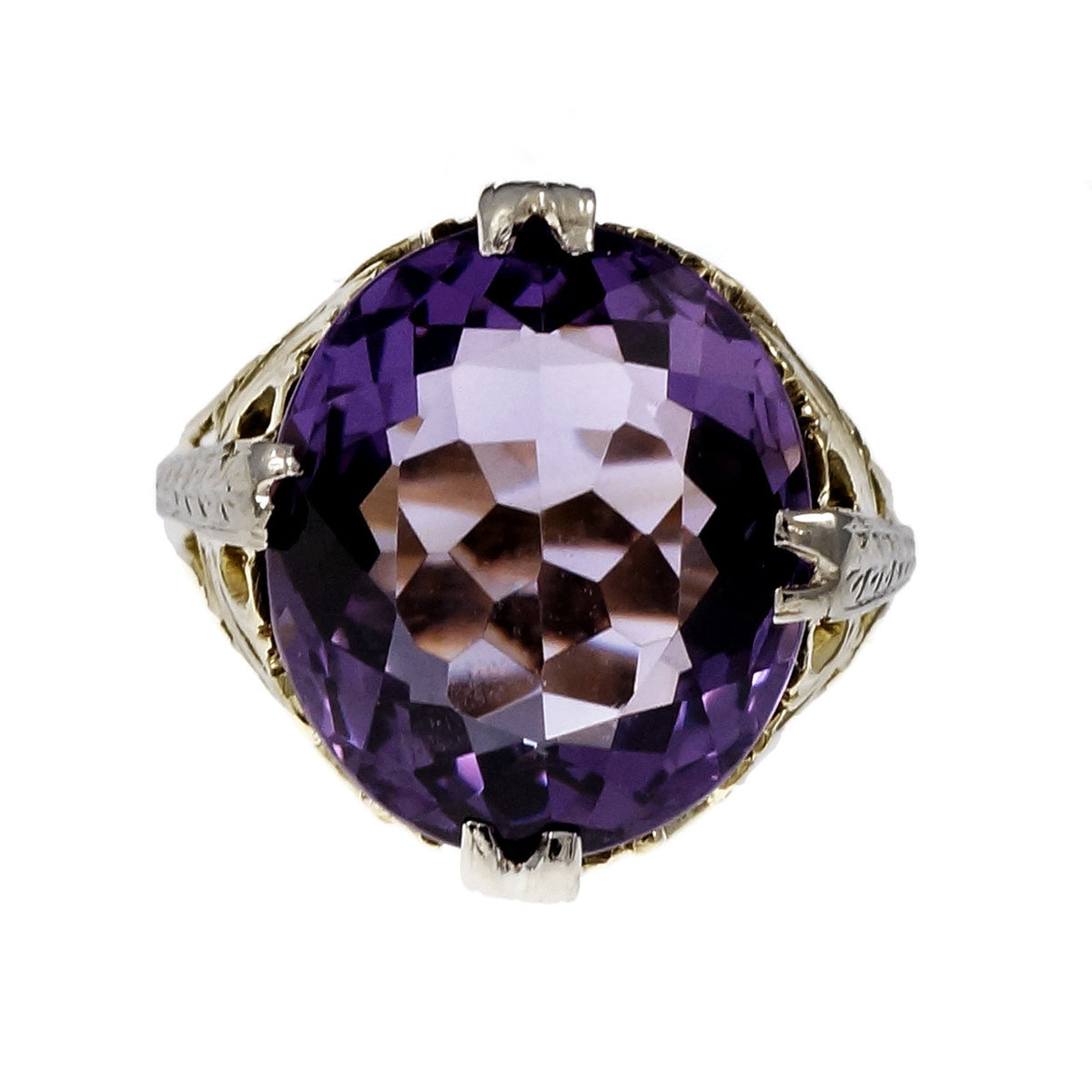 Vintage Open Work Oval Amethyst Ring 1940 14k Yellow & White Gold