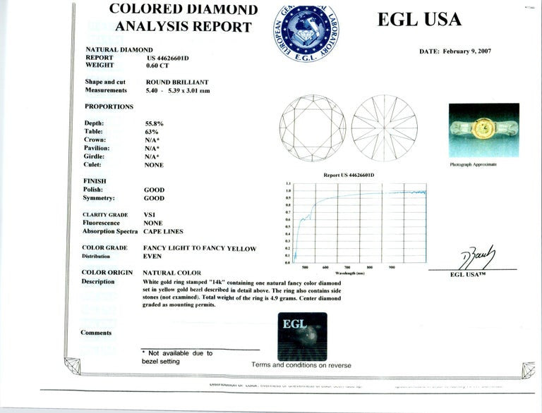 EGL Certified .60 Carat Fancy Yellow Diamond Gold Engagement Ring – image 3