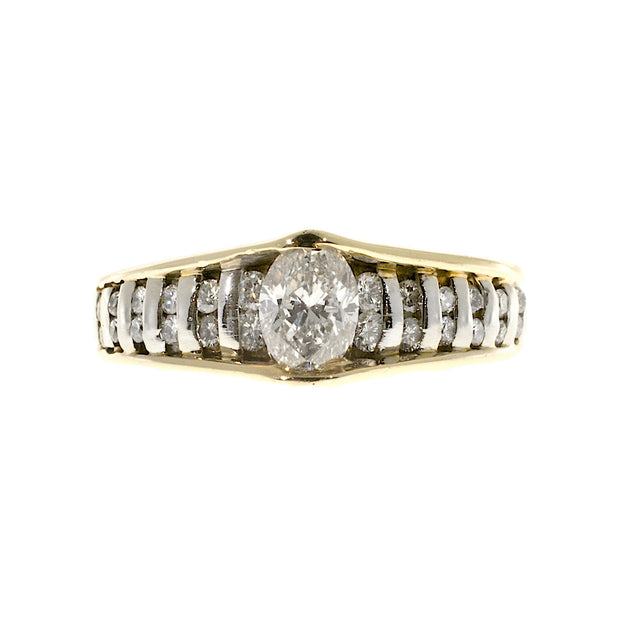 Estate 14k Yellow and White Gold Bar Set Marquise Center Diamond & Round Ring