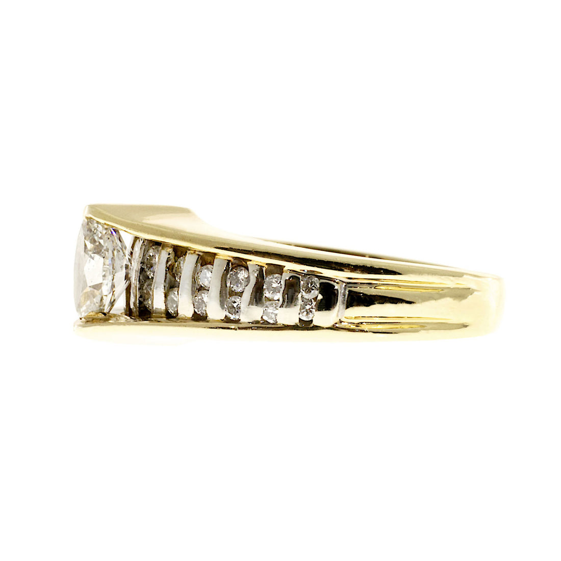 Estate 14k Yellow and White Gold Bar Set Marquise Center Diamond & Round Ring – image 2