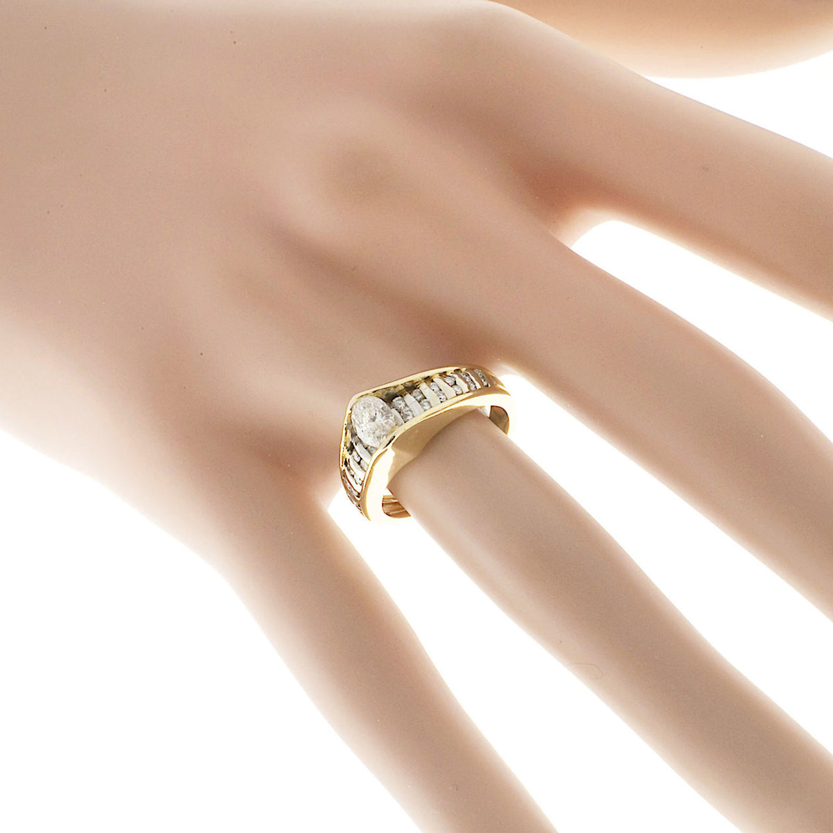 Estate 14k Yellow and White Gold Bar Set Marquise Center Diamond & Round Ring – image 7