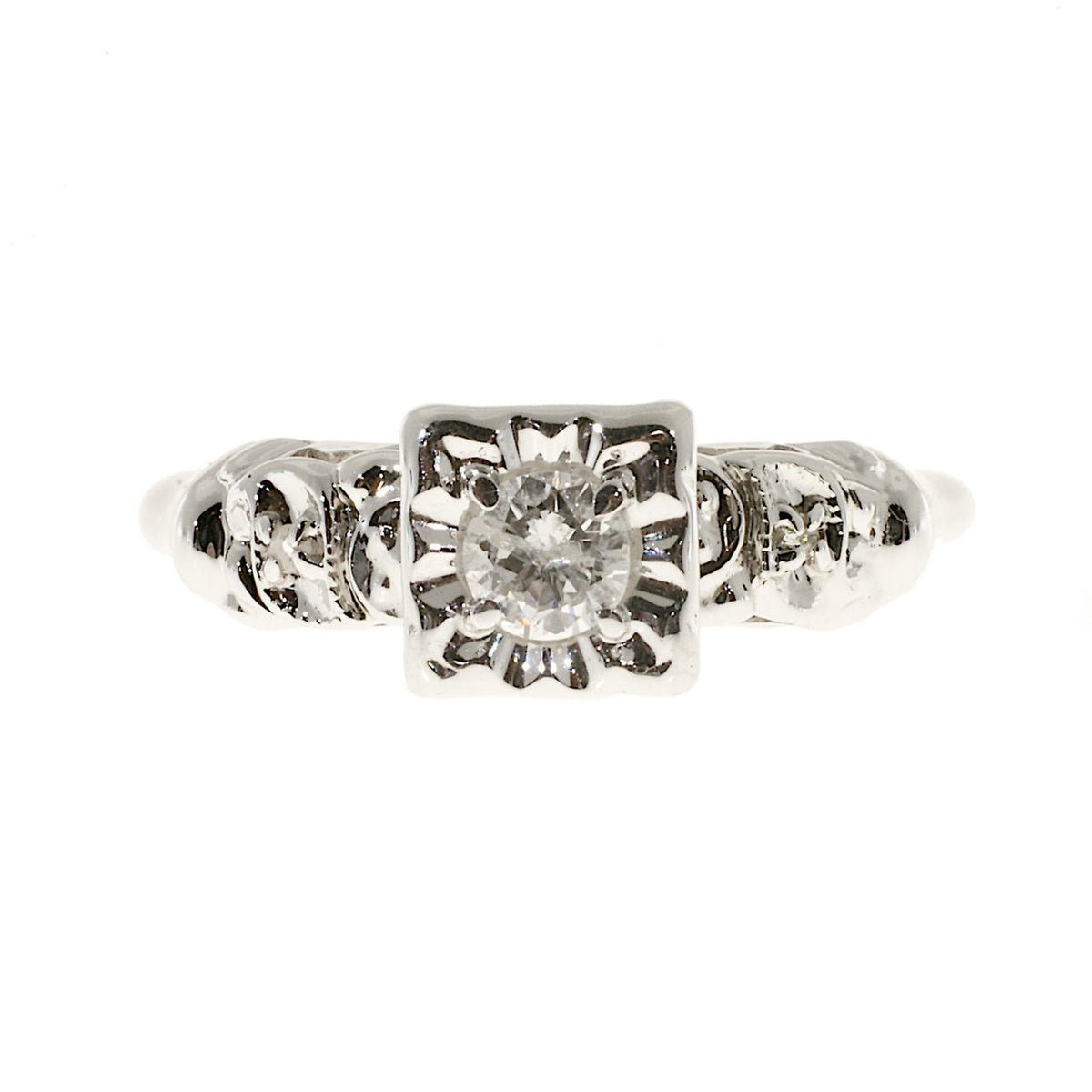 Estate 14k White Gold Mounting Brilliant Cut Diamond Round Mele Engagement Ring