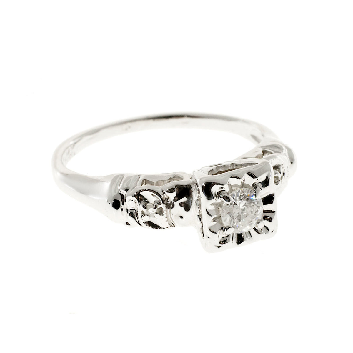 Estate 14k White Gold Mounting Brilliant Cut Diamond Round Mele Engagement Ring – image 4