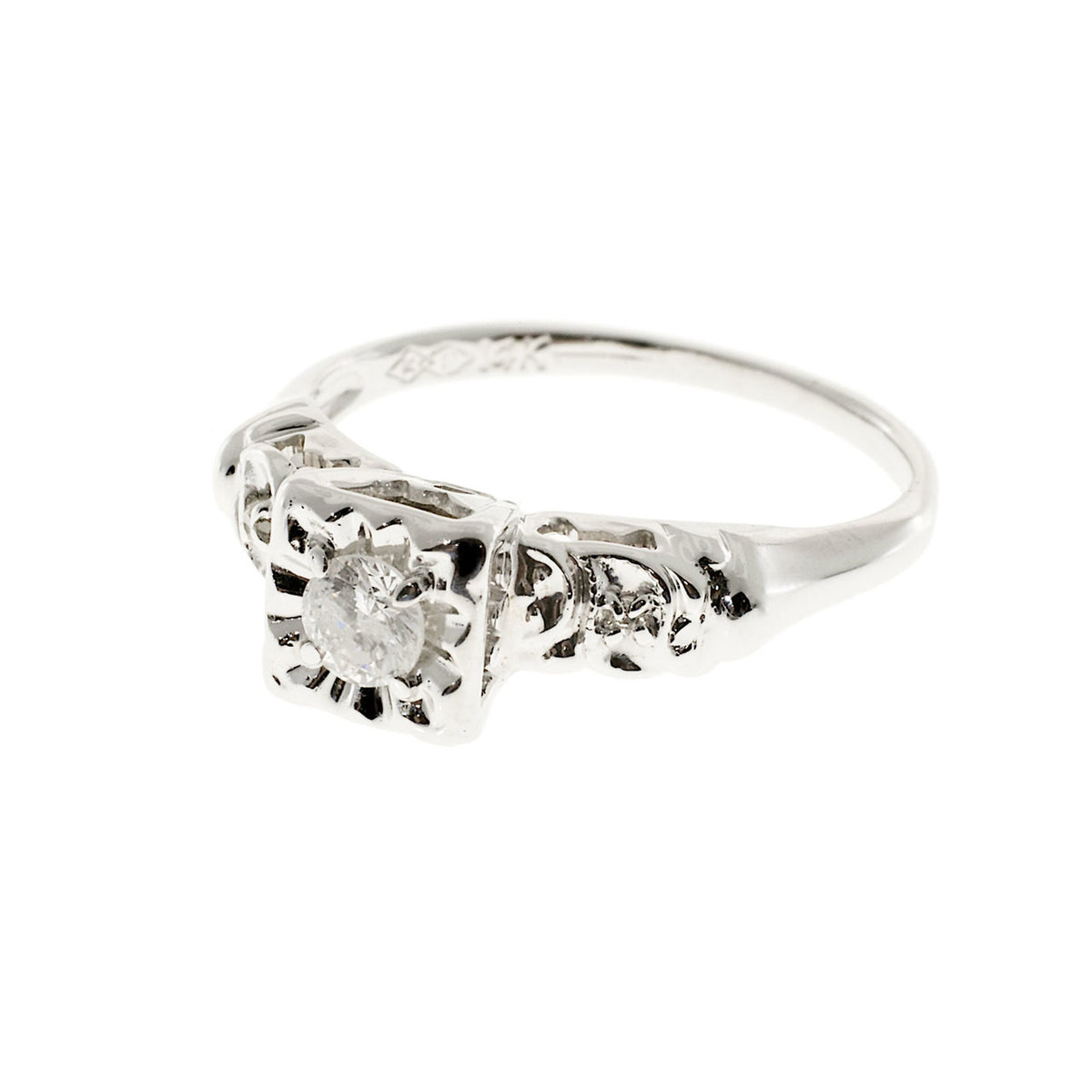 Estate 14k White Gold Mounting Brilliant Cut Diamond Round Mele Engagement Ring – image 5