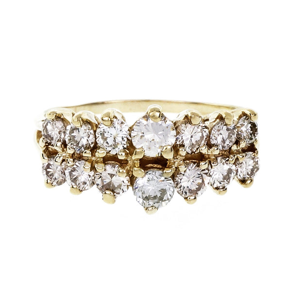 Estate Diamond Two Row Ring 14k Gold Pyramid Style