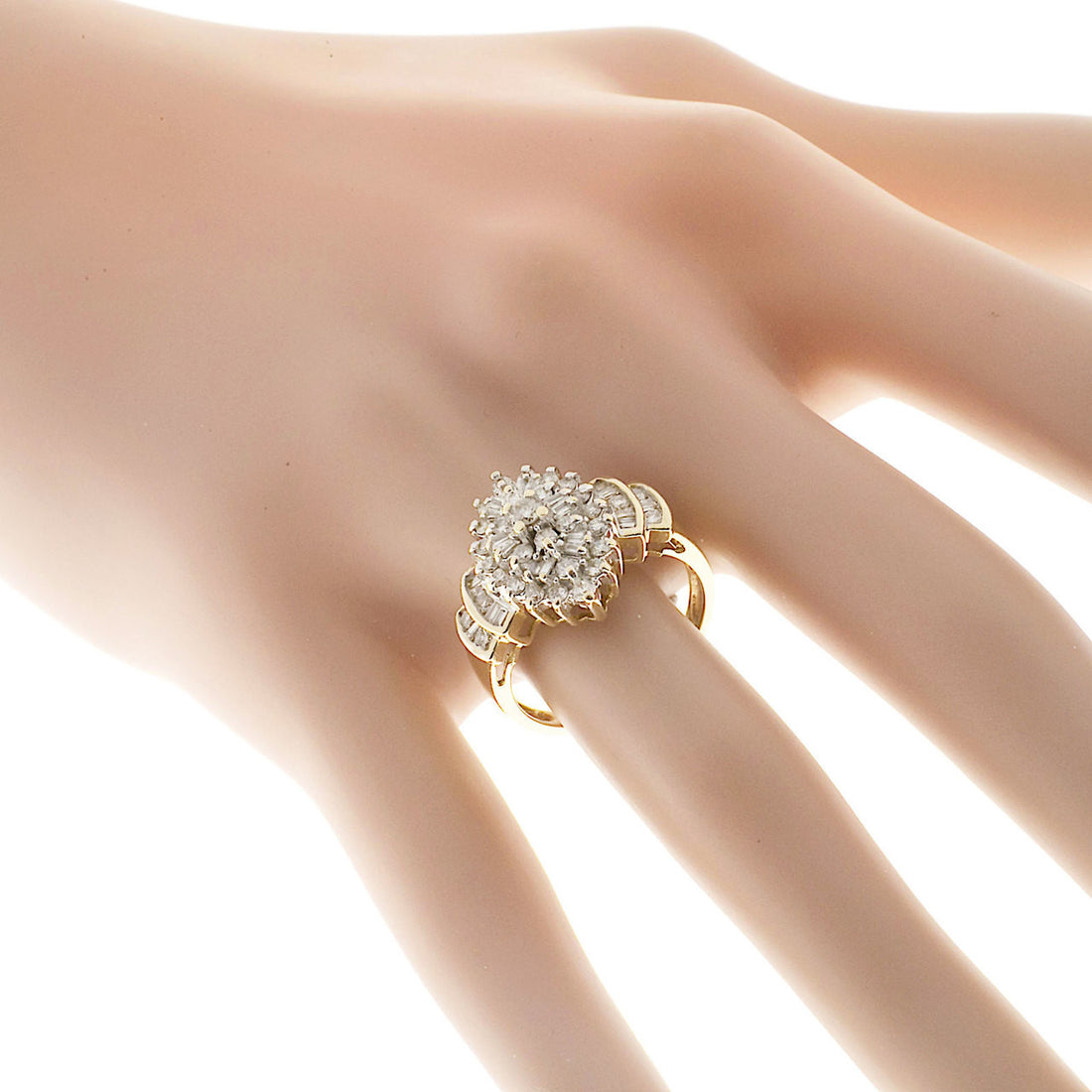 Estate Lantern Style 14k Yellow Gold Ballerina Cluster Baguette Diamond Ring – image 2