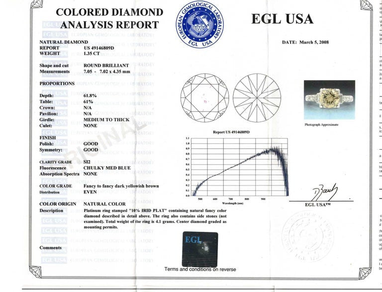 1.35 Carat Transitional Cut Brown Diamond Platinum Art Deco Engagement Ring – image 3