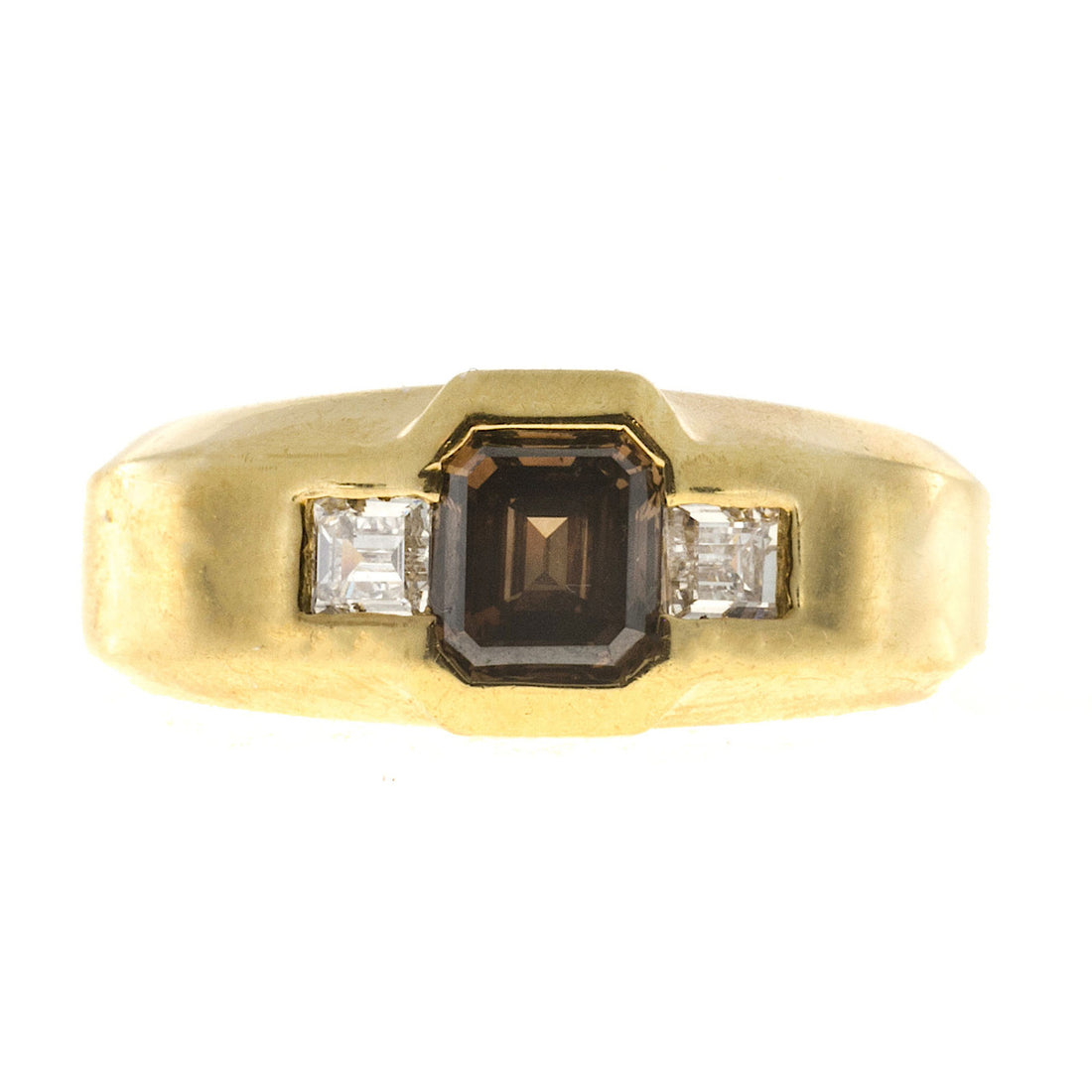 Estate 18k Yellow Gold Natural Orange Brown Asscher & 2 Emerald Cut Diamond Ring – image 3