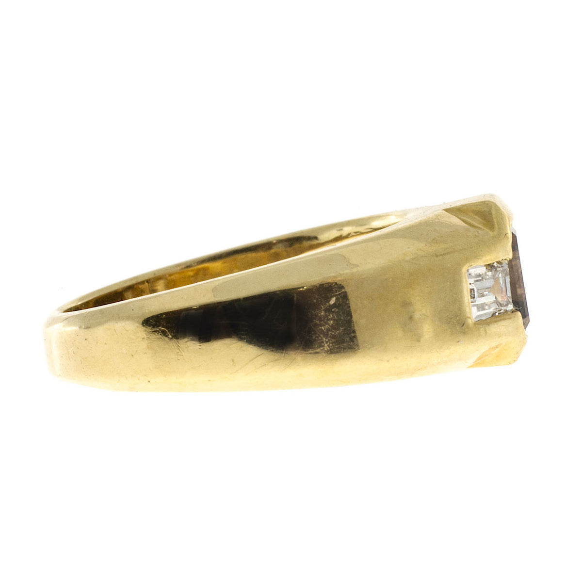 Estate 18k Yellow Gold Natural Orange Brown Asscher & 2 Emerald Cut Diamond Ring – image 5