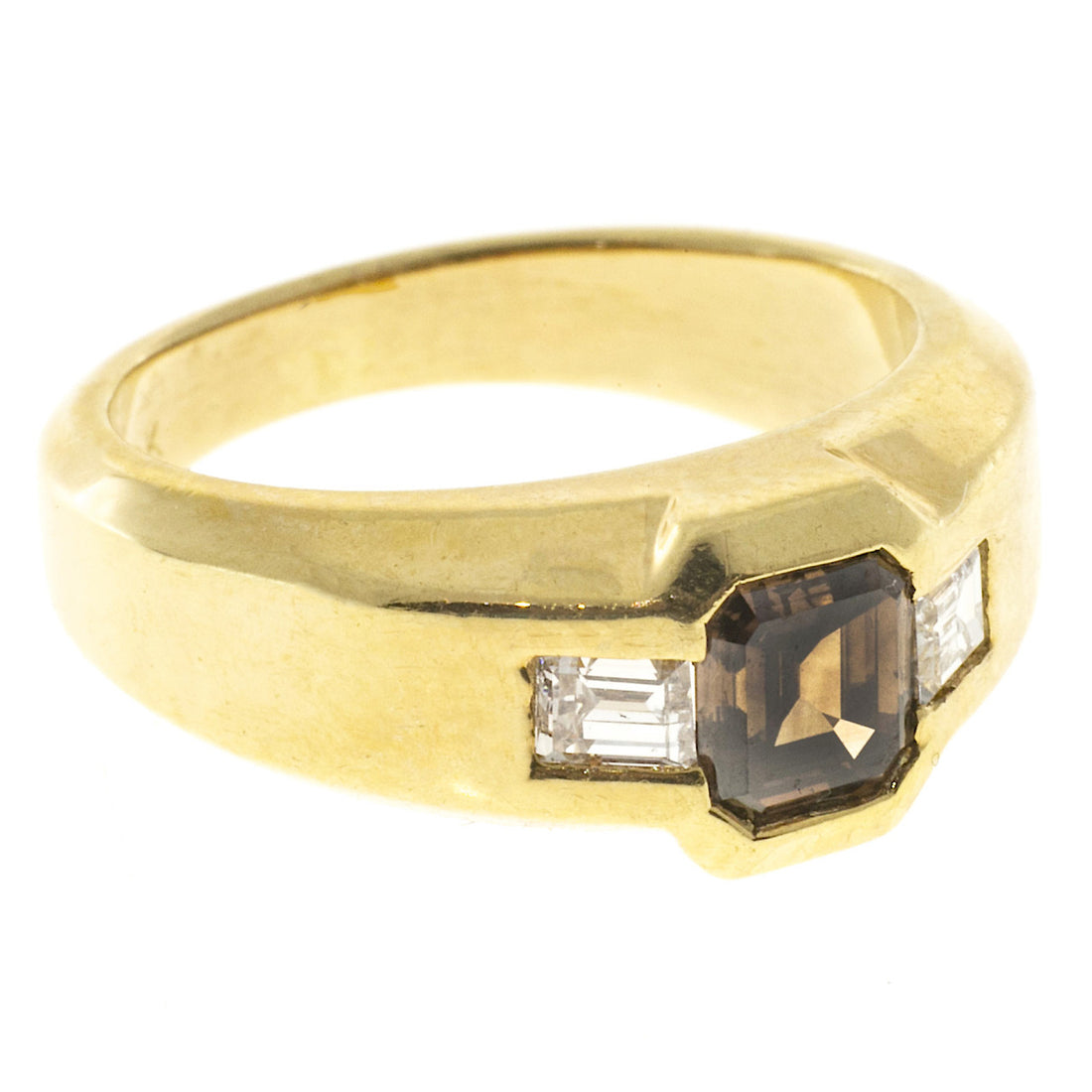 Estate 18k Yellow Gold Natural Orange Brown Asscher & 2 Emerald Cut Diamond Ring – image 2