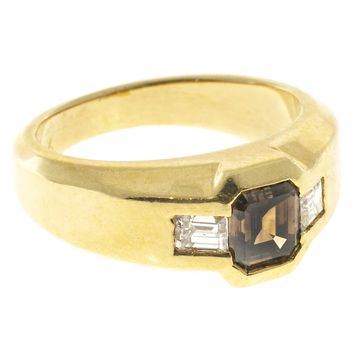 Estate 18k Yellow Gold Natural Orange Brown Asscher & 2 Emerald Cut Diamond Ring – image 2