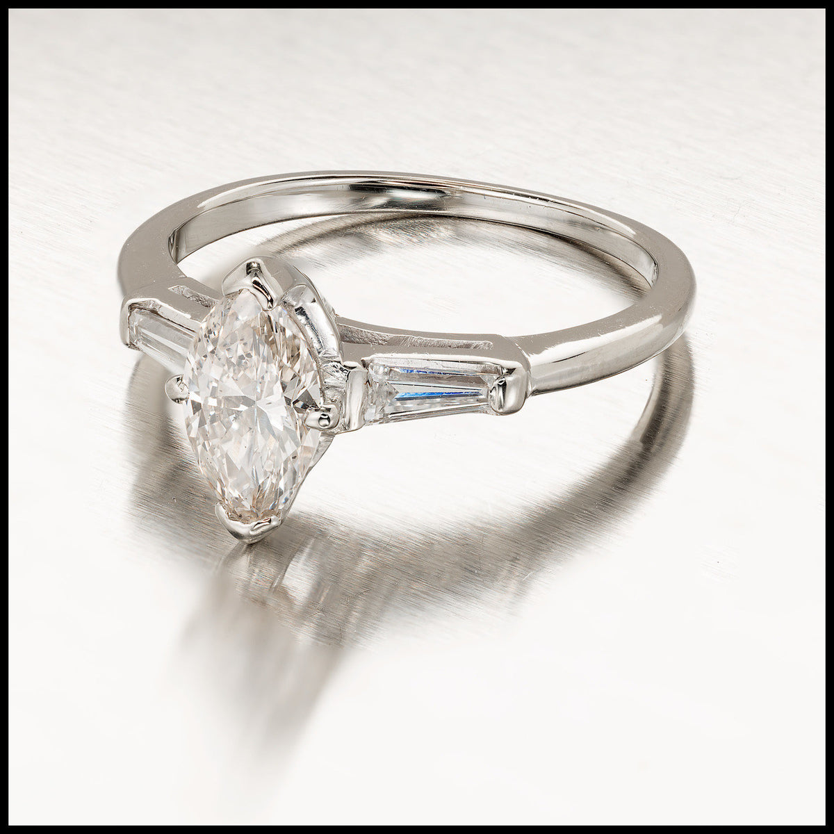 Vintage .69ct Faint Brown Marquise Diamond 14k Gold 2 Tapered Baguette Ring – image 3