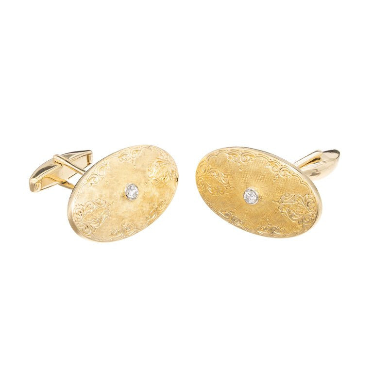 Round Diamond Oval Engraved Yellow White Gold Cufflinks