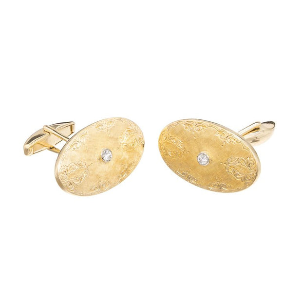Round Diamond Oval Engraved Yellow White Gold Cufflinks