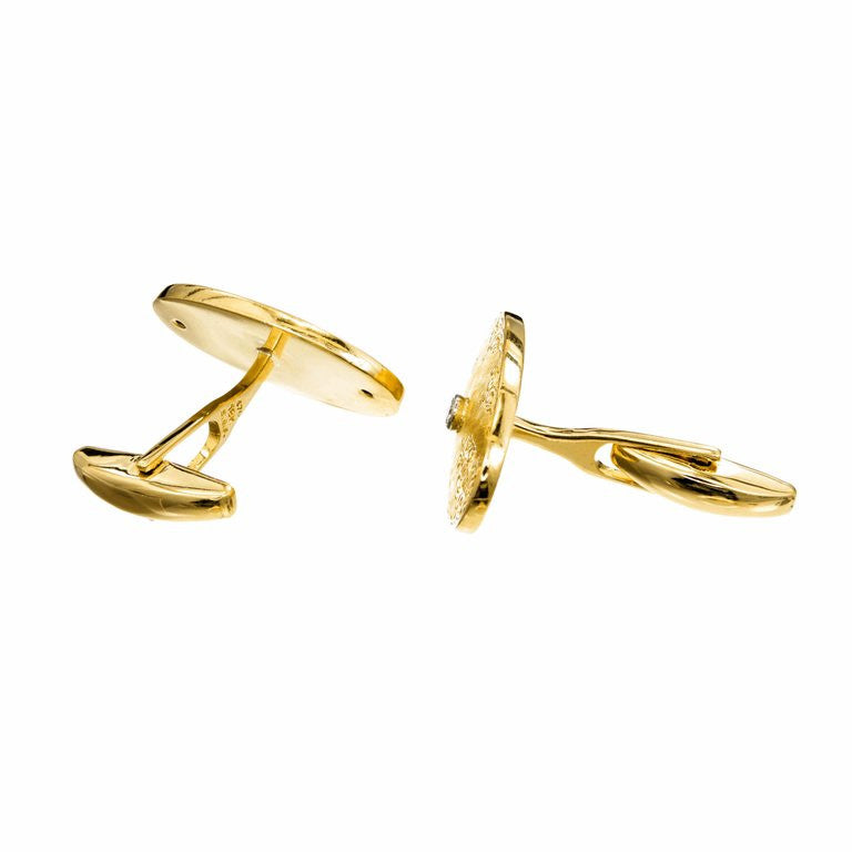 Round Diamond Oval Engraved Yellow White Gold Cufflinks – image 4