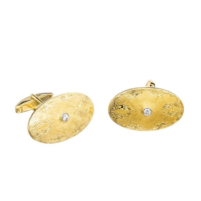 Round Diamond Oval Engraved Yellow White Gold Cufflinks – image 2