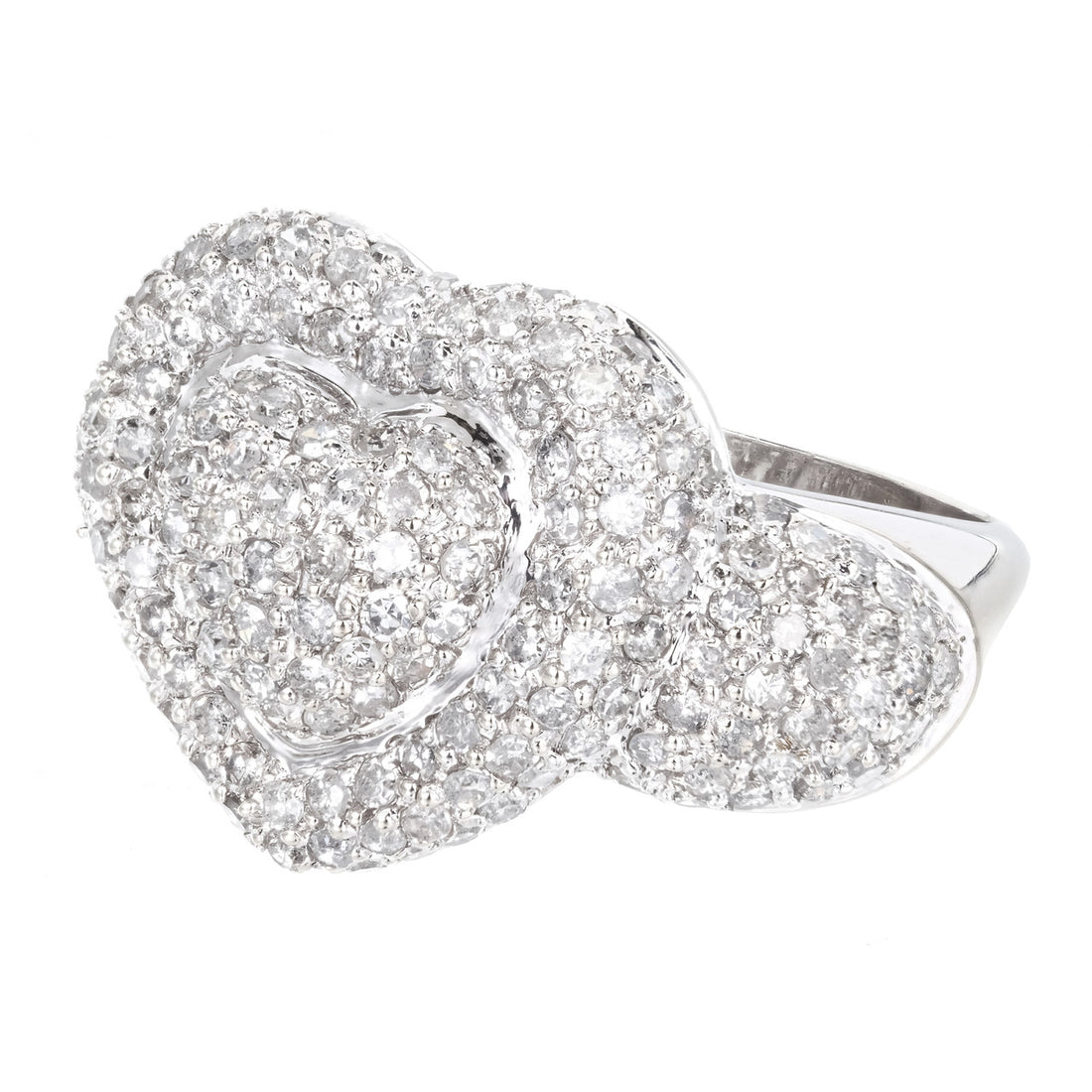 Domed 14k White Gold Sjm 2.75ct Pave Full Cut Round Diamond Double Heart Ring – image 3
