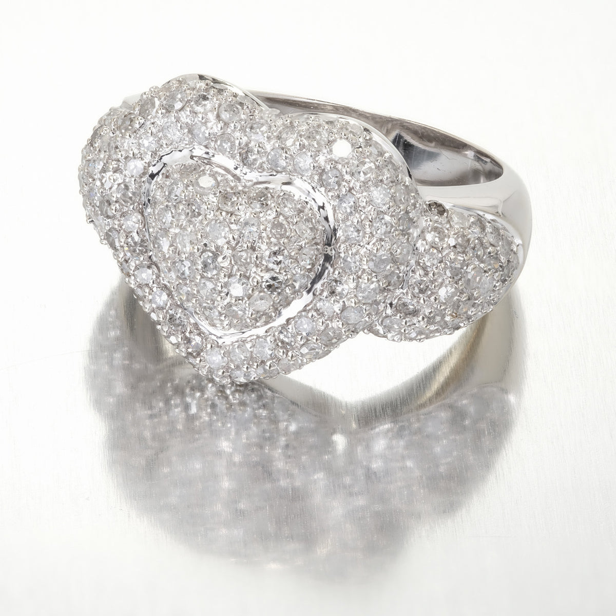Domed 14k White Gold Sjm 2.75ct Pave Full Cut Round Diamond Double Heart Ring – image 7