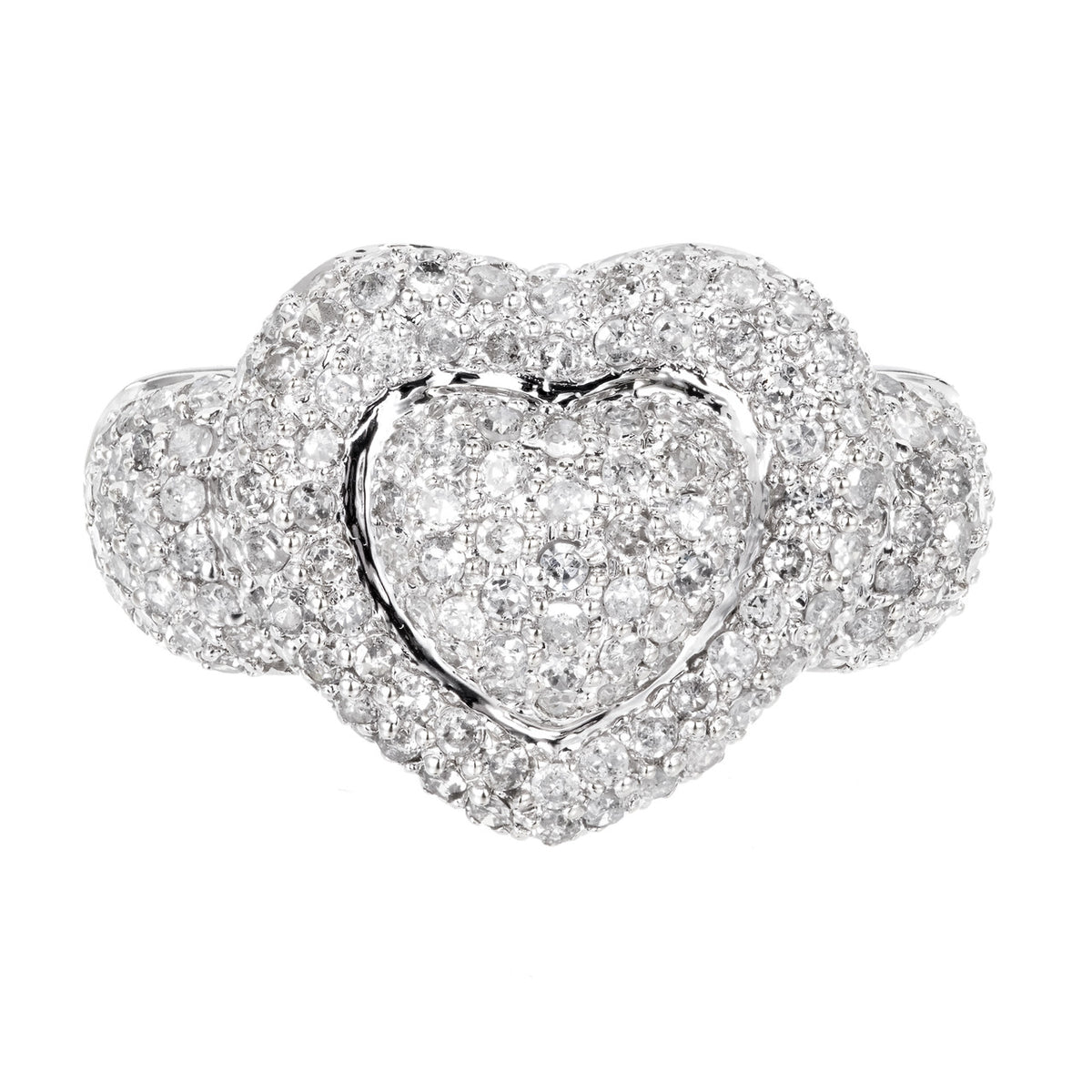 Domed 14k White Gold Sjm 2.75ct Pave Full Cut Round Diamond Double Heart Ring – image 2