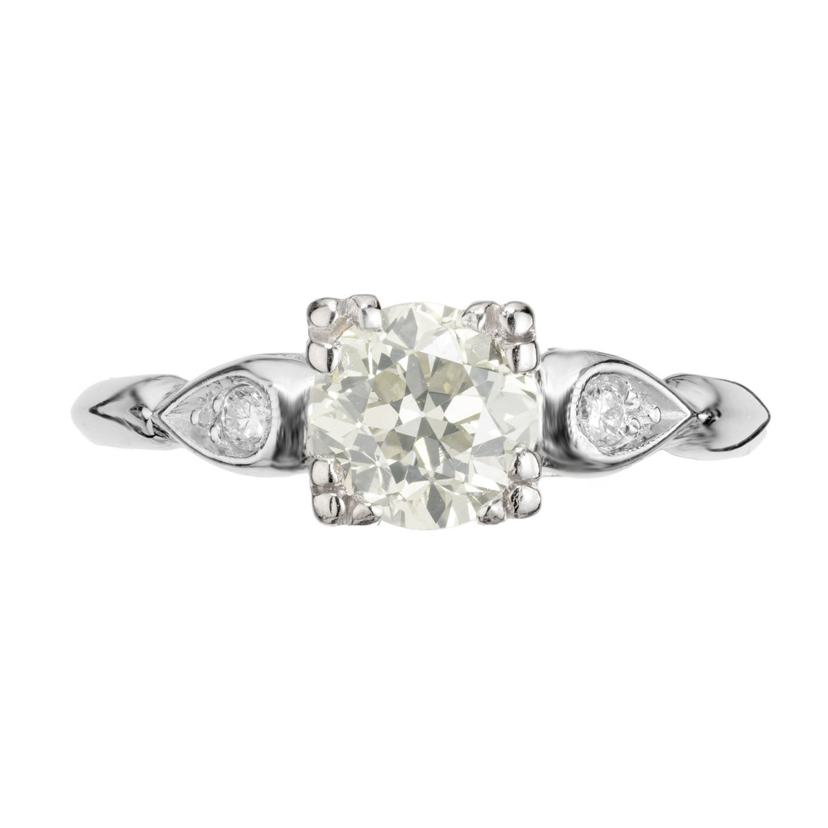 GIA Certified .93 Carat Yellow Diamond Three Stone Platinum Engagement Ring – image 4
