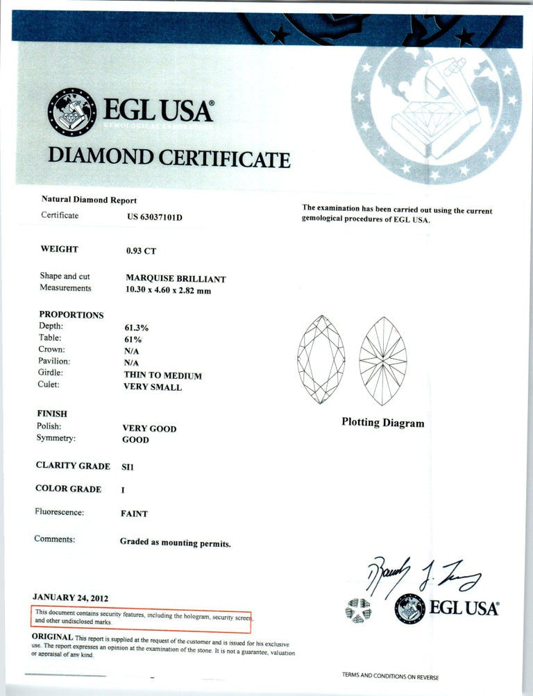 EGL Certified.93 Carat Marquise Diamond Three-Stone Platinum Engagement Ring – image 3
