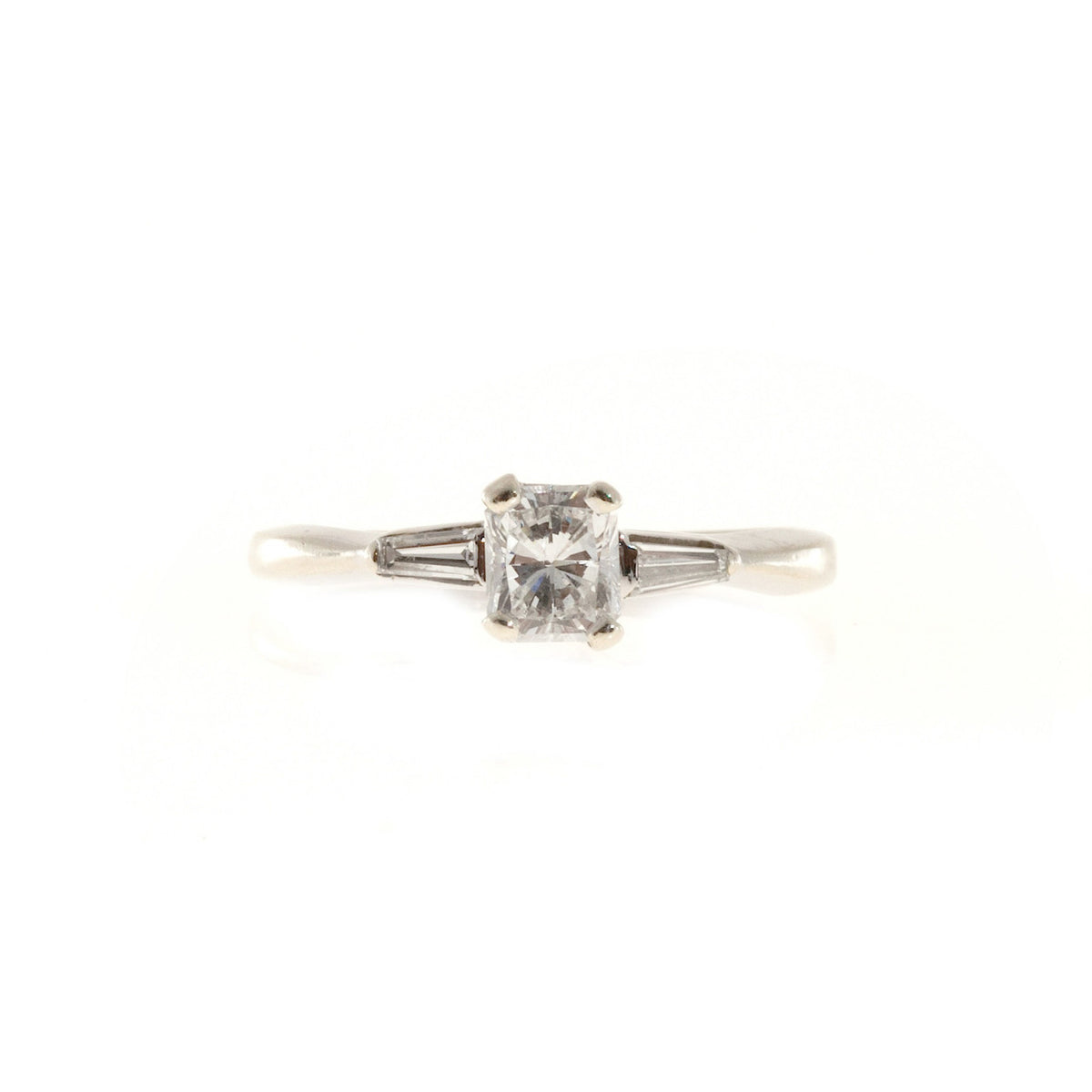 Vintage Estate .65ct Cushion Cut Diamond 14k White Gold .06ct Baguette Ring
