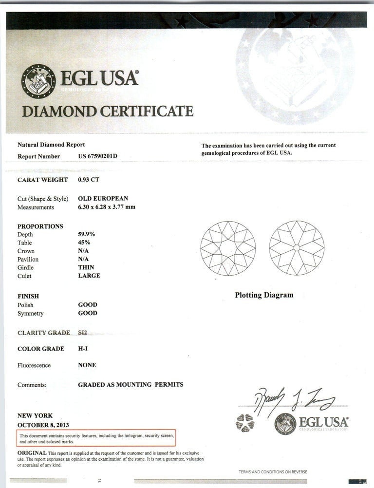 EGL .93 Carat Old European Diamond Platinum Filigree Engagement Ring – image 3