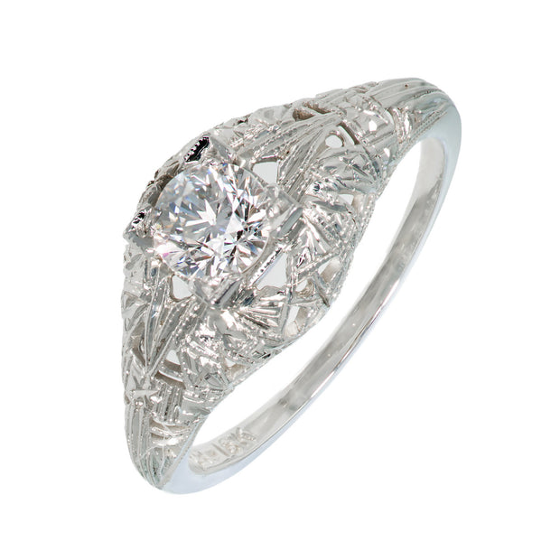 Art Deco Antique Engagement Ring Old European .45ct Diamond 18k White Gold