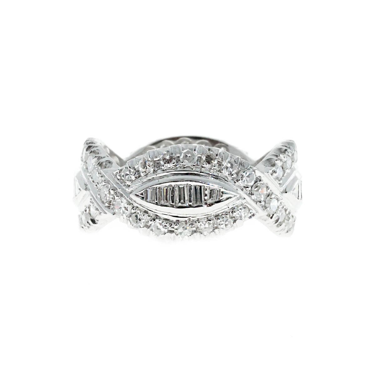 Vintage Platinum 1.75ct Round & Baguette Diamond Swirl Design Eternity Ring Band