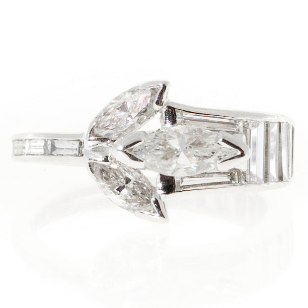 1.35 Carat Marquise Baguette Diamond Platinum Ring