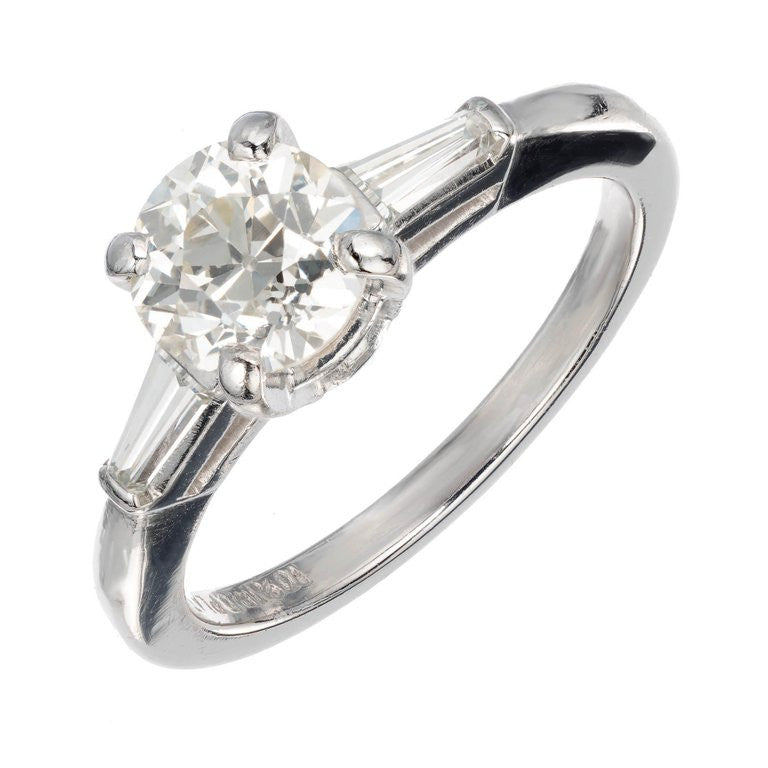 Vintage Old European Cut Engagement Ring .90ct Platinum Baguette Sides