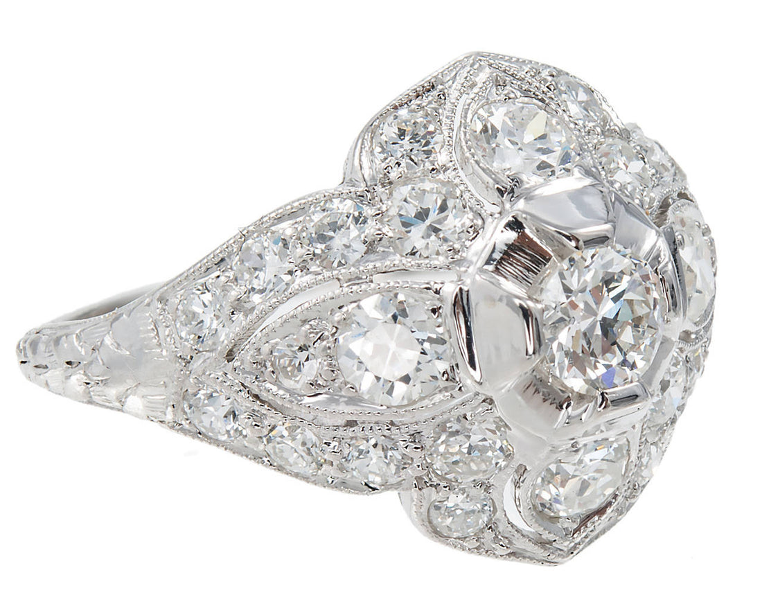 Antique Edwardian Art Deco 1910 Platinum Old European Diamond 1.31ct Dome Ring – image 2
