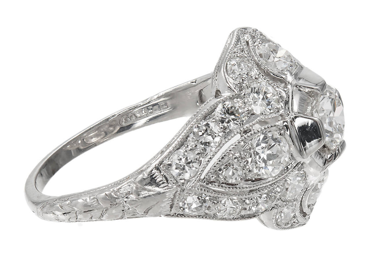 Antique Edwardian Art Deco 1910 Platinum Old European Diamond 1.31ct Dome Ring – image 4