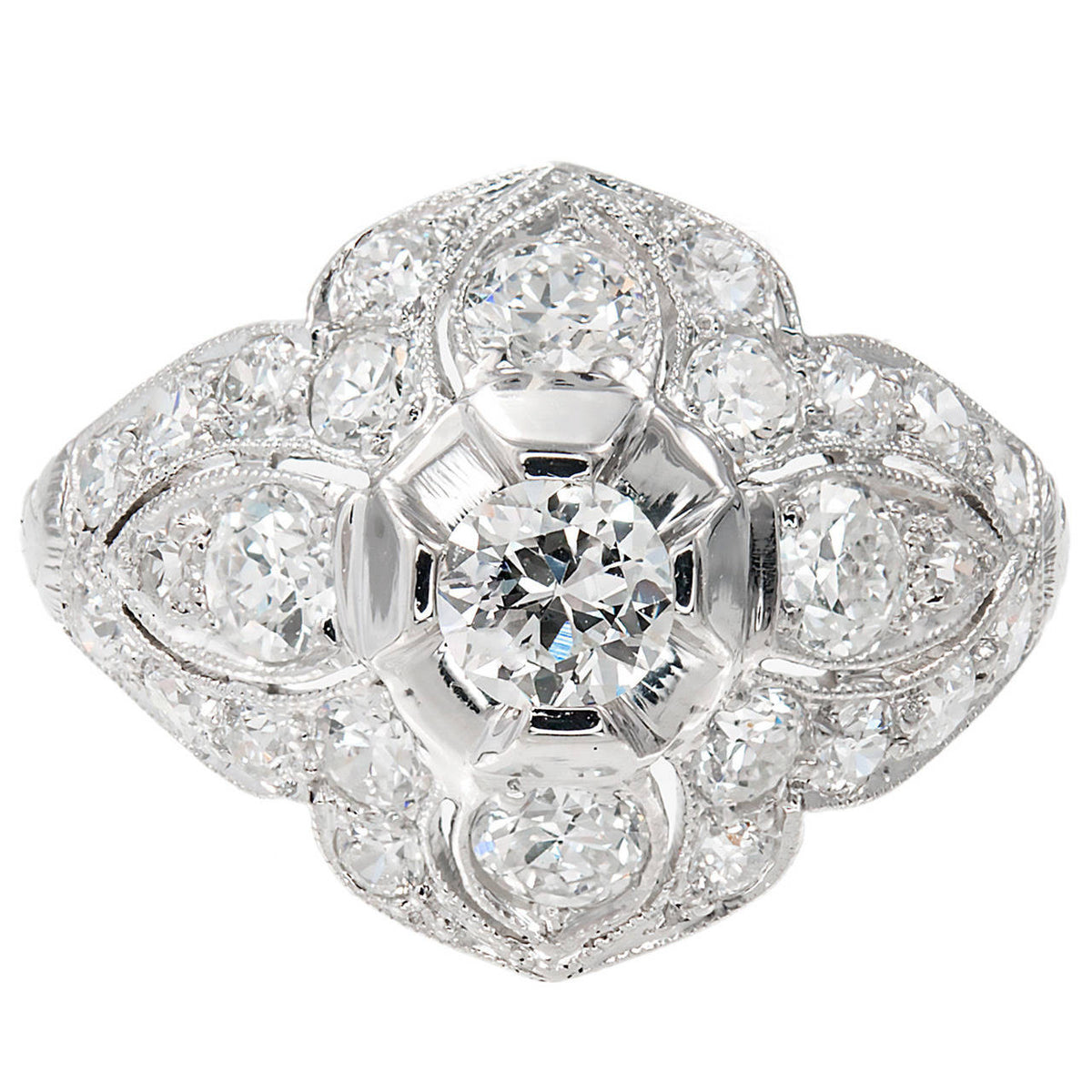 Antique Edwardian Art Deco 1910 Platinum Old European Diamond 1.31ct Dome Ring