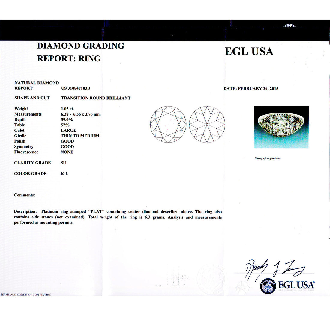 EGL Certified 1.03 Carat Transitional Cut Diamond Platinum Dome Engagement Ring – image 3
