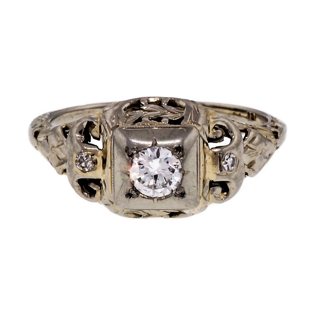 Vintage Art Deco 1940 18k White Gold Filigree .21ct Diamond Engagement Ring