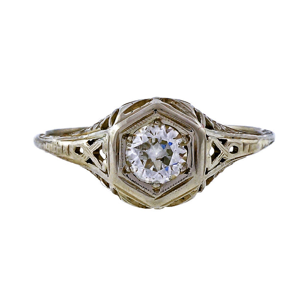 Vintage 1940 Old European Cut .40ct 18k White Gold Filigree Engagement Ring