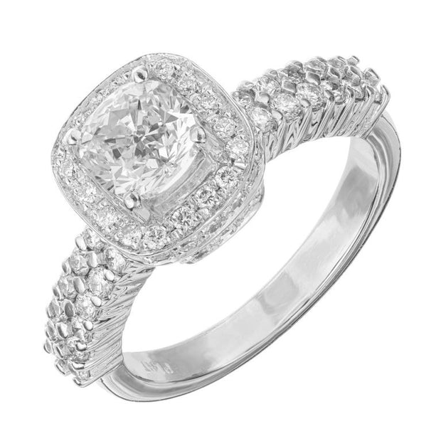 GIA Certified 1.02 Carat Cushion Diamond Platinum Halo Engagement Ring