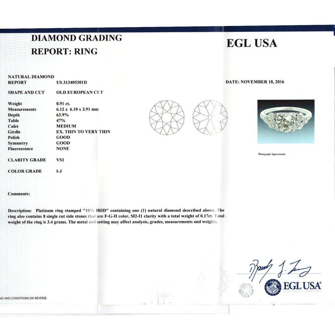 EGL .91 Carat Old European Cut Diamond Platinum Art Deco Engagement Ring – image 3